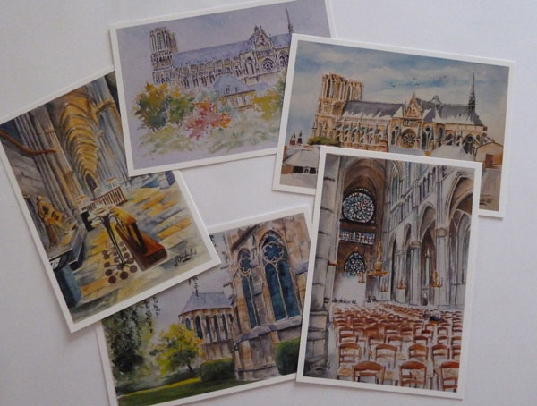 aquarelles cathédrale Reims sur cartes postales